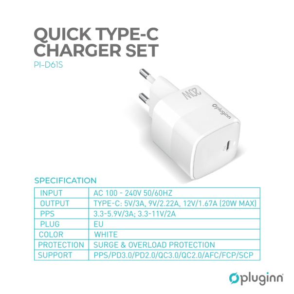 Kucni punjac Pluginn PI-D61S, PD3.0, PPS, 20W sa PD Type C kablom beli CE - 206606
