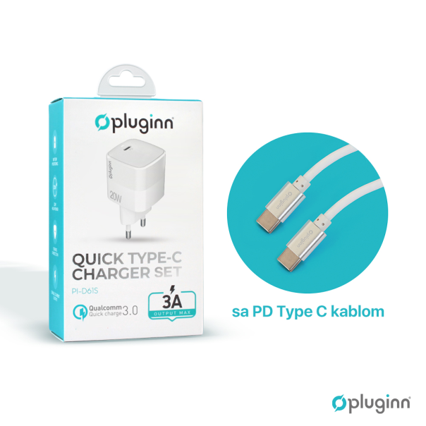 Kućni punjač Pluginn PI-D61S, PD3.0, PPS, 20W sa PD Type C kablom beli CE - 206606-1