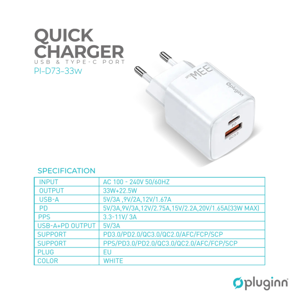 PLUGINN Kućni punjač PI-D73-33w USB-PD 20W+33W, 53W sa PD iPhone lightning kablom, bela - 206613
