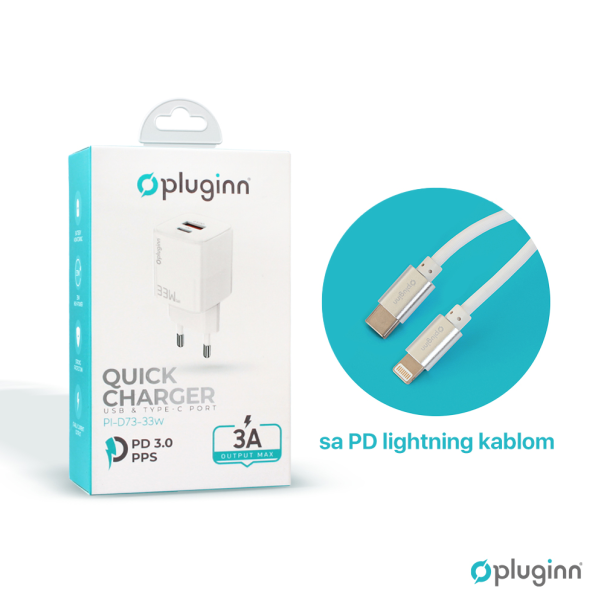 PLUGINN Kućni punjač PI-D73-33w USB-PD 20W+33W, 53W sa PD iPhone lightning kablom, bela - 206613
