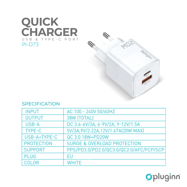Kućni punjač Pluginn PI-D73, QC3.0 PD3.0, PPS, USB-PD 18W+20W, 38W (total) beli CE - 206608-1
