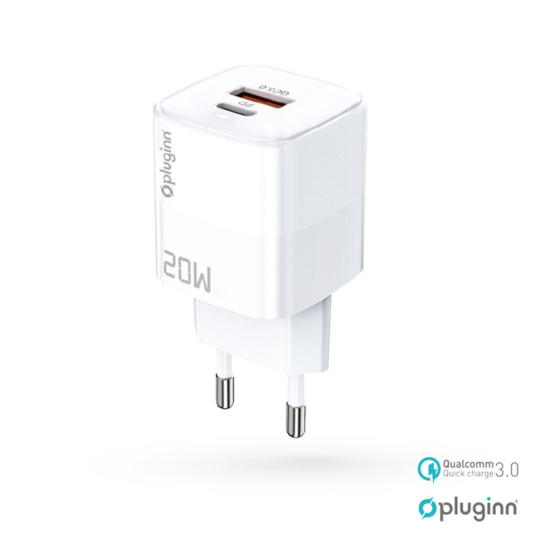 Kućni punjač Pluginn PI-D73, QC3.0 PD3.0, PPS,PD 18W+20W, 38W (total) sa kablom Type-C na Type-C beli - 613601