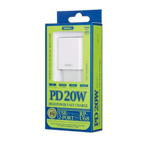 Kućni punjač Remax RP-U68 USB-A USB-C PD20W beli - 610432