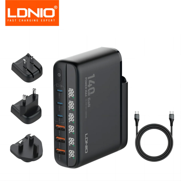 LDNIO Kućni punjač sa adapterima A6140C 3xQC3.0 (30W) 3xPD3.0 (100W) 140W Max Type C - Type C, crna - 215602