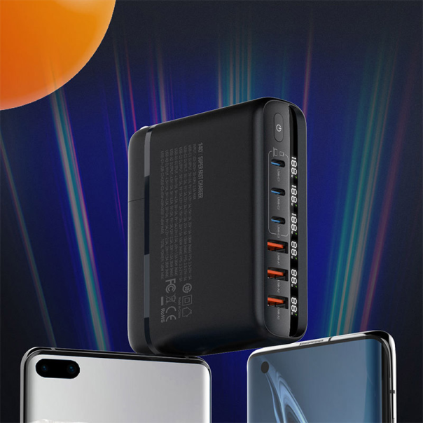 LDNIO Kućni punjač sa adapterima A6140C 3xQC3.0 (30W) 3xPD3.0 (100W) 140W Max Type C - Type C, crna - 215602