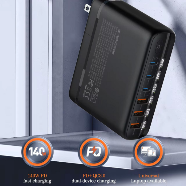 LDNIO Kućni punjač sa adapterima A6140C PPS 3xQC3.0 (30W) 3xPD3.0 (100W) 140W Max TypeC-TypeC, crna - 215602-1