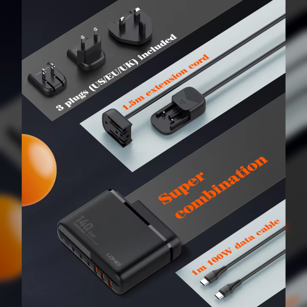 LDNIO Kućni punjač sa adapterima A6140C PPS 3xQC3.0 (30W) 3xPD3.0 (100W) 140W Max TypeC-TypeC, crna - 215602-1