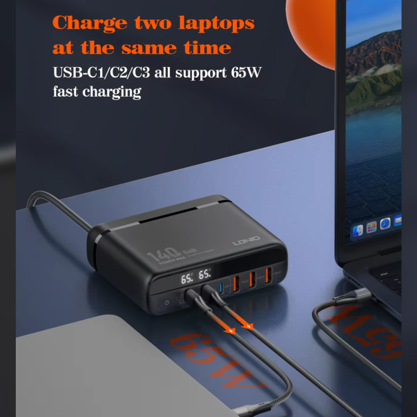 LDNIO Kućni punjač sa adapterima A6140C PPS 3xQC3.0 (30W) 3xPD3.0 (100W) 140W Max TypeC-TypeC, crna - 215602-1