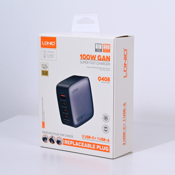LDNIO Kućni punjač sa adapterima LDNIO Q408  QC3.0 (30W) 3xPD3.0 (100W) 100W Max Type C-Type C, crna - 215603