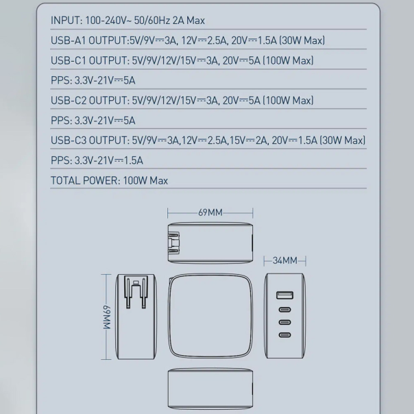 LDNIO Kućni punjač sa adapterima LDNIO Q408  QC3.0 (30W) 3xPD3.0 (100W) 100W Max Type C-Type C, crna - 215603