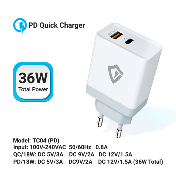 TERACELL Kućni punjač  TC-04, QC PD, USB-PD 18W+18W, 36W sa lightning kablom, bela - 206651