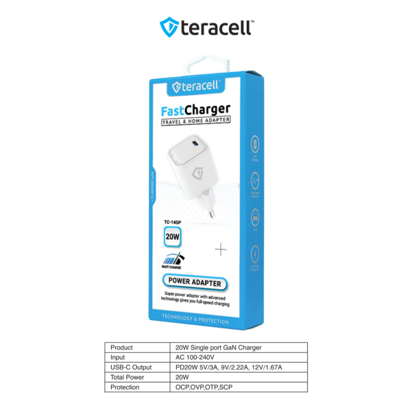 Kucni punjac Teracell Evolution TC-14GP, GaN, PD 3.0, 20W beli CE - 210825
