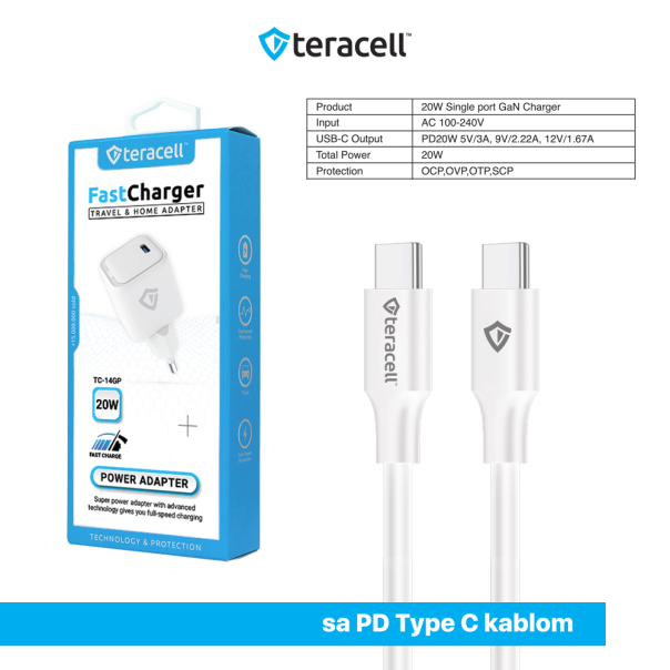Kucni punjac Teracell Evolution TC-14GP, GaN, PD 3.0, 20W sa PD Type c kablom beli CE - 210827