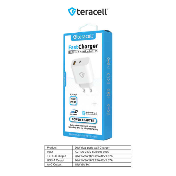 Kućni punjač Teracell Evolution TC-15GP, QC 3.0, PD 3.0, 20W beli CE - 210828-1