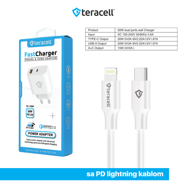 Kućni punjač Teracell Evolution TC-15GP, QC 3.0, PD 3.0, 20W sa PD iPhone lightning kablom beli CE - 210829-1