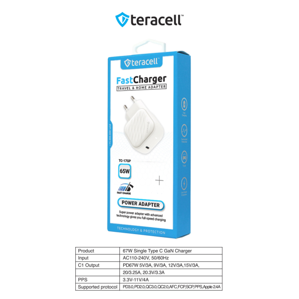 Kućni punjač Teracell Evolution TC-17GP, GaN, PPS, PD 3.0, 65W beli CE - 210834-1