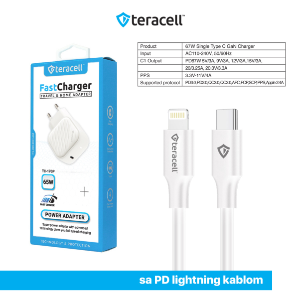 Kucni punjac Teracell Evolution TC-17GP, GaN, PPS, PD 3.0, 65W sa PD iPhone lightning kablom beli CE - 210835