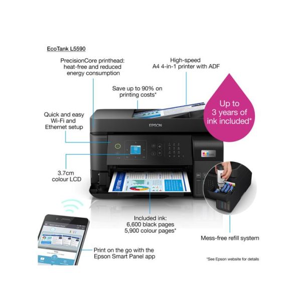 EPSON L5590 EcoTank, print-scan-copy-fax, Color, A4, 4800X1200, LAN, Wi-Fi, ADF, LCD, Duplex - AL078734