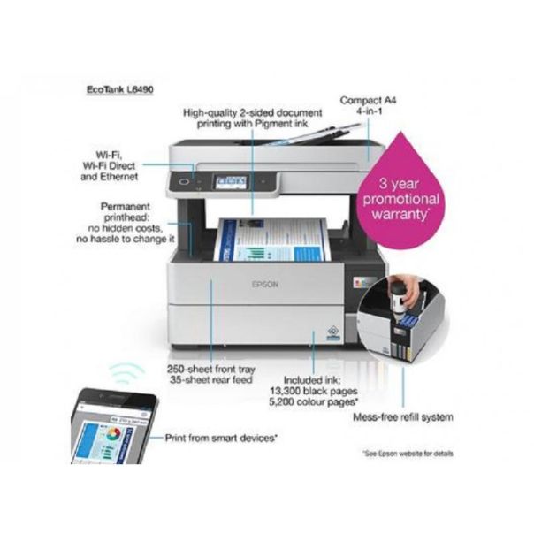 EPSON L6490 EcoTank, print-scan-copy-fax, Color, A4, 4800X1200, LAN, Wi-Fi, ADF, LCD, Duplex - PRI05696