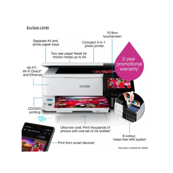 EPSON L8160 EcoTank, print-scan-copy, Photo Color, A4, 5760X1440, Wi-Fi, Duplex - PRI05176