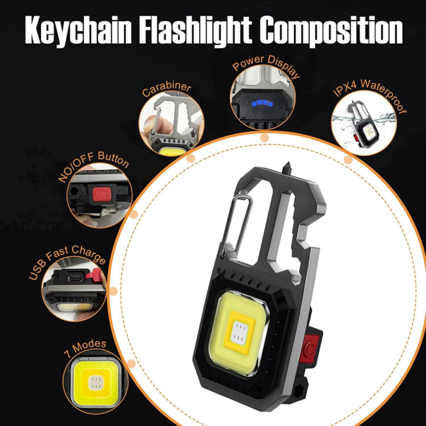 LED lampa privezak, otvarac za flase, univerzalni kljuc sa razbijacem stakla i srafcigerima, crna - 213531