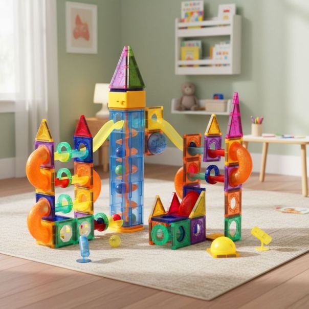 ECO TOYS Magnetni svetleći set blokova sa stazom za kuglice, 134 dela - EP2749334