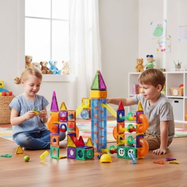 ECO TOYS Magnetni svetleći set blokova sa stazom za kuglice, 134 dela - EP2749334