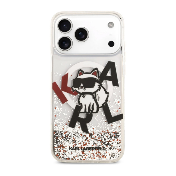 Maska za iPhone 17 Pro Max Karl Lagerfeld Liquid Glitter Choupette Logo MagSafe bela - DRO621567