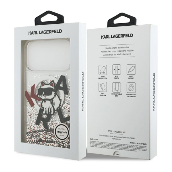 Maska za iPhone 17 Pro Max Karl Lagerfeld Liquid Glitter Choupette Logo MagSafe bela - DRO621567