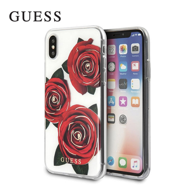 Maska za iPhone X/ XS crvena Guess Faceplate Rose - GUHCPXROSTR-1