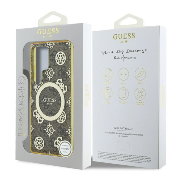 Maska za Samsung Galaxy S25 Ultra/ S938B braon Guess 4G Background Gold Electroplated Peony Pattern MagSafe - GUHMS25LH4PYEEW