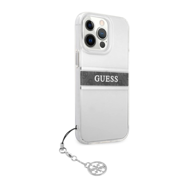 Maska za iPhone 13 Pro siva Guess 4G Stripe Charm - GUHCP13LKB4GGR