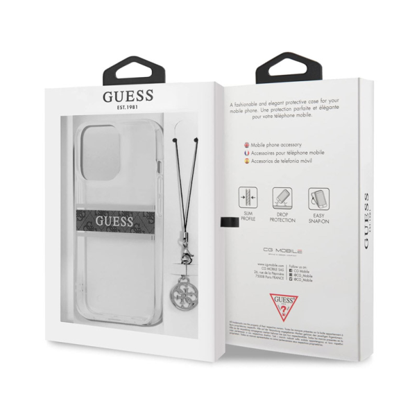 Maska za iPhone 13 Pro siva Guess 4G Stripe Charm - GUHCP13LKB4GGR