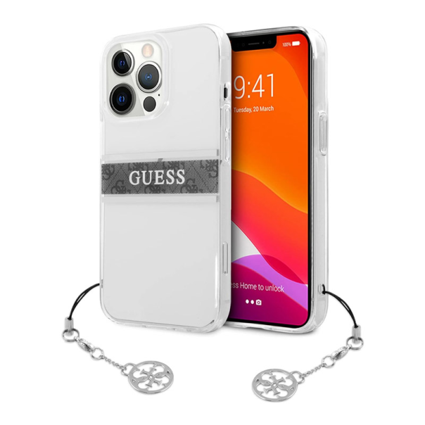 Maska za iPhone 13 Pro siva Guess 4G Stripe Charm - GUHCP13LKB4GGR