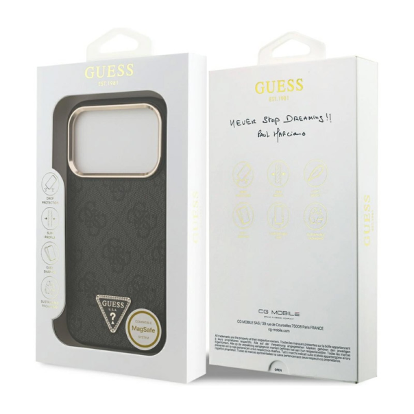 Maska za iPhone 17 Pro crno Guess 4G Triangle Logo MagSafe zlatna - DRO621548