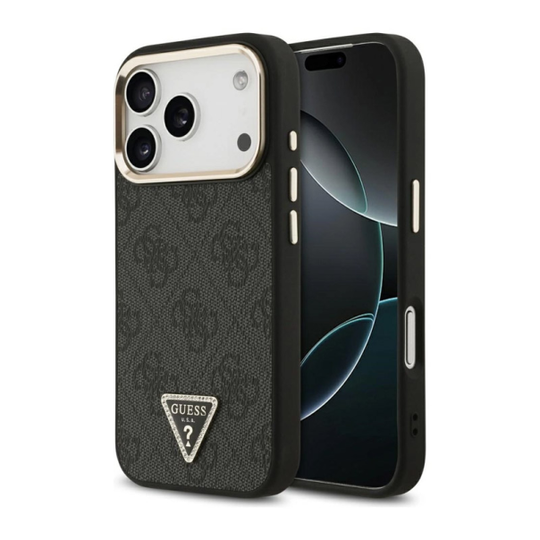 Maska za iPhone 17 Pro crno Guess 4G Triangle Logo MagSafe zlatna - DRO621548