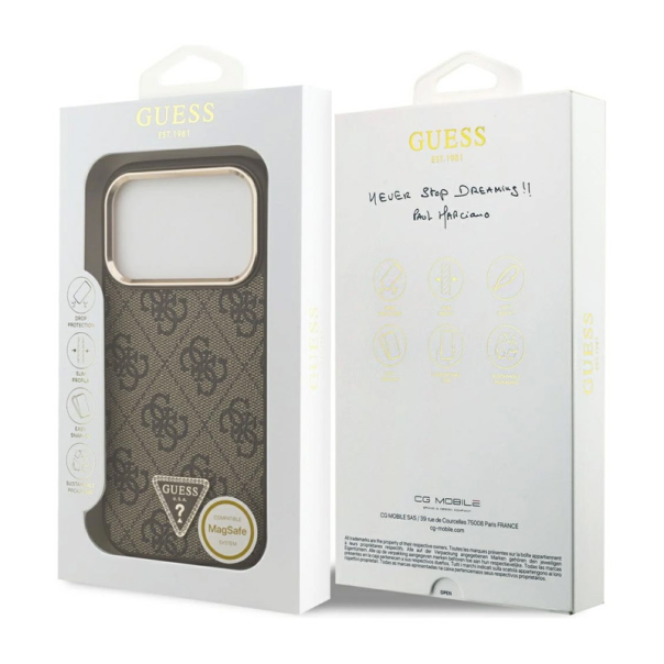 Maska za iPhone 17 Pro zlatno braon Guess 4G Triangle Logo MagSafe - DRO621551