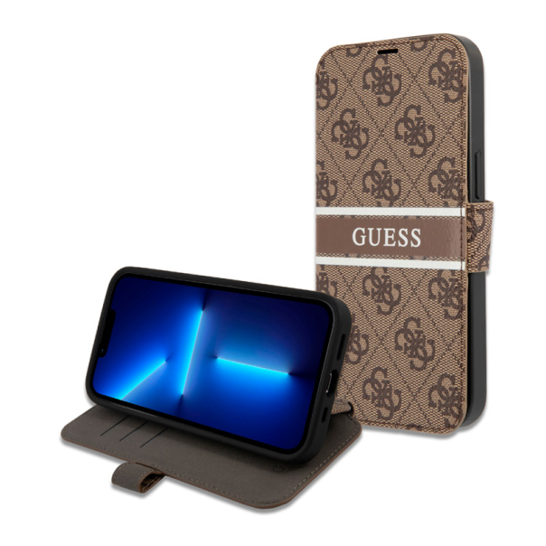 Maska za iPhone 13 Pro braon na preklop Guess Bk Pu 4G Stripe - GUBKP13L4GDBR