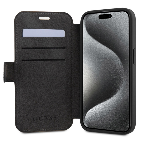 Maska za iPhone 15 Pro Guess Bk Pu leather 4G Metal Logo siva - GUBKP15L4GMGGR
