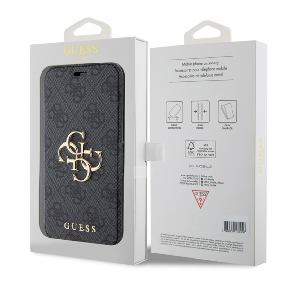 Maska za iPhone 15 Pro Guess Bk Pu leather 4G Metal Logo siva - GUBKP15L4GMGGR