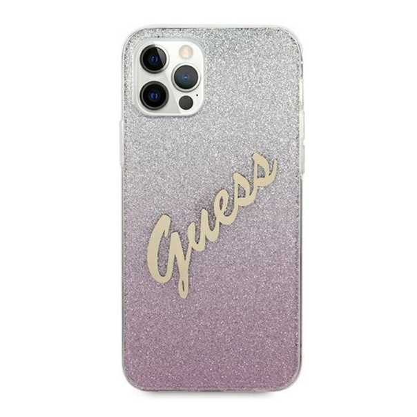 Maska za iPhone 12/ 12 Pro pink Guess Faceplate Glitter Gradient Script - GUHCP12MPCUGLSPI