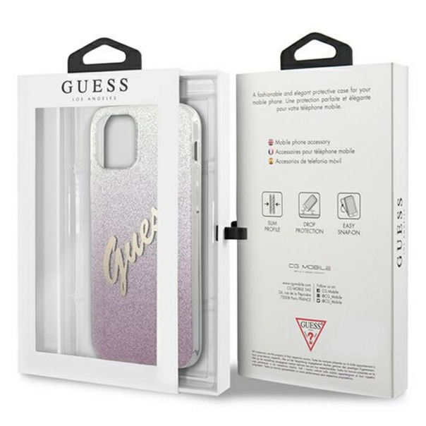 Maska za iPhone 12/ 12 Pro pink Guess Faceplate Glitter Gradient Script - GUHCP12MPCUGLSPI