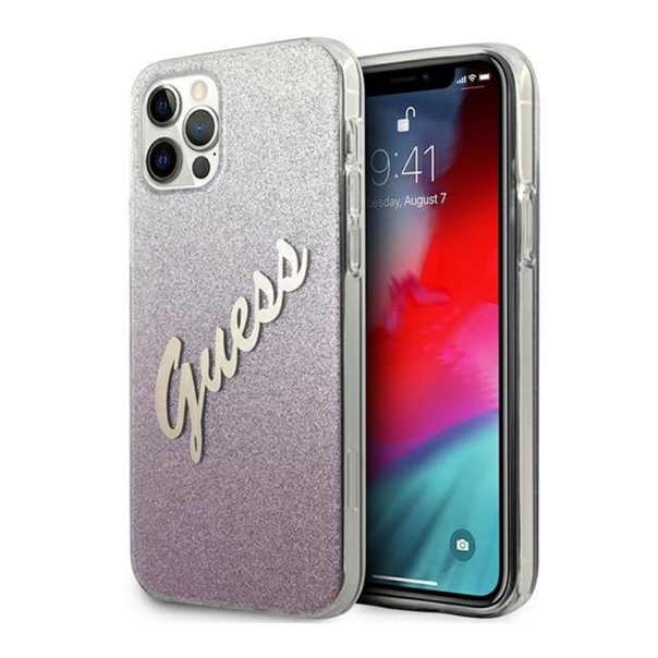Maska za iPhone 12/ 12 Pro pink Guess Faceplate Glitter Gradient Script - GUHCP12MPCUGLSPI