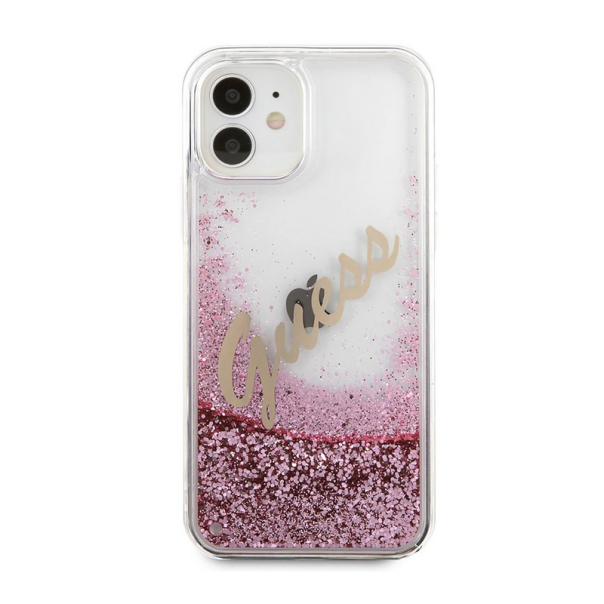 Maska za iPhone 12 mini Guess Faceplate Liquid Glitter Vintage Script pink - GUHCP12SGLVSPI