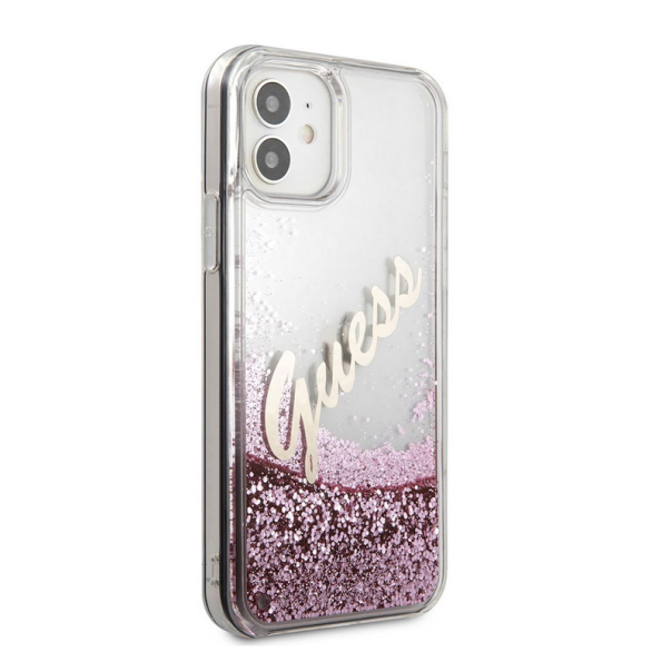 Maska za iPhone 12 mini Guess Faceplate Liquid Glitter Vintage Script pink - GUHCP12SGLVSPI