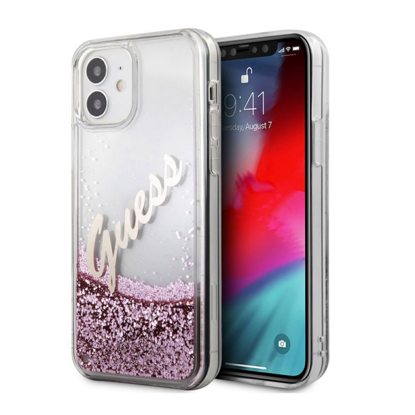 Maska za iPhone 12 mini Guess Faceplate Liquid Glitter Vintage Script pink - GUHCP12SGLVSPI