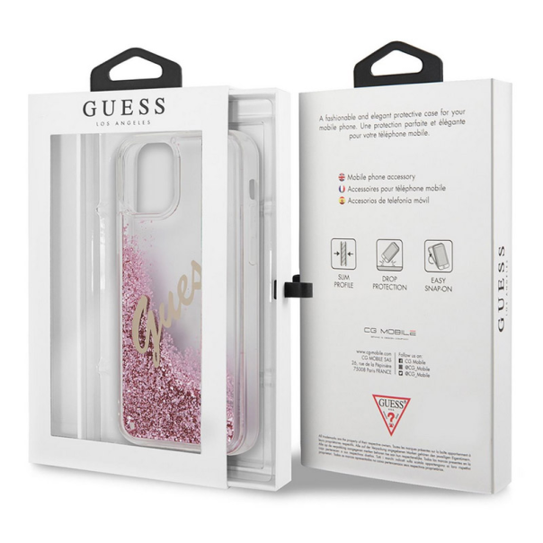 Maska za iPhone 12 mini Guess Faceplate Liquid Glitter Vintage Script pink - GUHCP12SGLVSPI