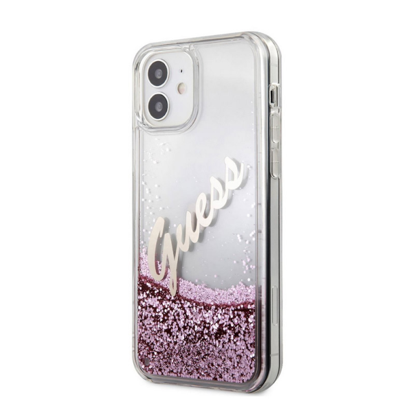 Maska za iPhone 12 mini Guess Faceplate Liquid Glitter Vintage Script pink - GUHCP12SGLVSPI