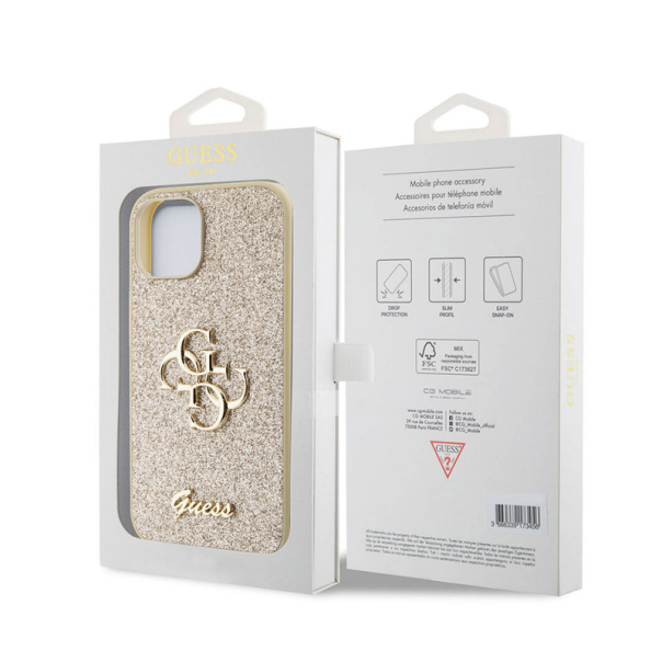 Maska za iPhone 15 Guess Hc Fixed Glitter 4G Big Metal Logo zlatna - GUHCP15SHG4SGD