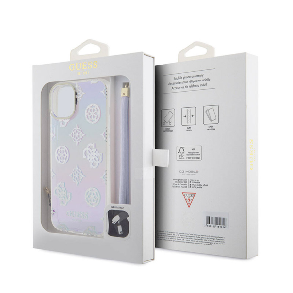 Maska za iPhone 15 Guess Hc PC TPU Iridescent Glitter Pattern Peony Cordstrap ljubičasta - GUHCP15SHPELISU